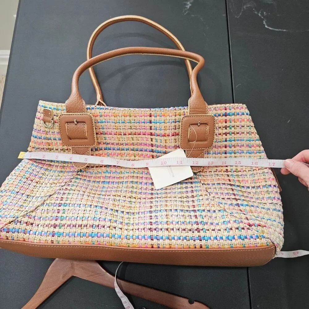 Liz Claiborne Rainbow Woven Straw Satchel Bag Multicolor Brown Trim Y2K